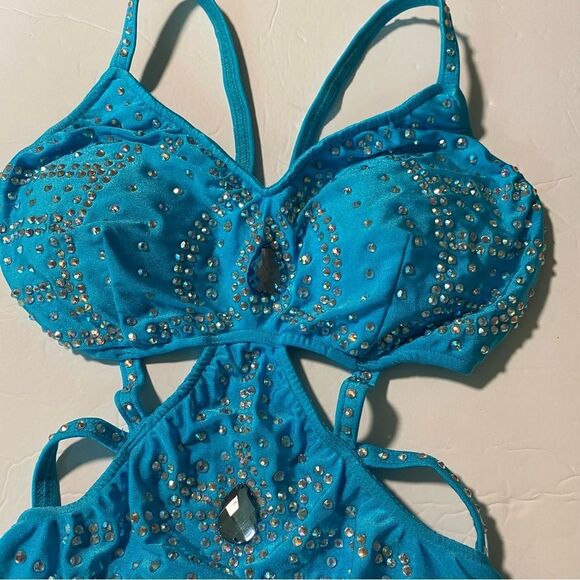 Glamour solo dance costume 5677 rhinestone embellished aqua blue leotard SA - Picture 7 of 14
